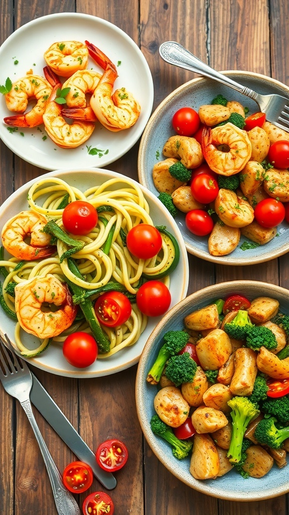 Quick and Easy Low-Carb Dinner Ideas with 5 Ingredients Three low-carb dinner dishes: garlic butter shrimp, zucchini noodles with pesto, and chicken and broccoli stir-fry on a wooden table.